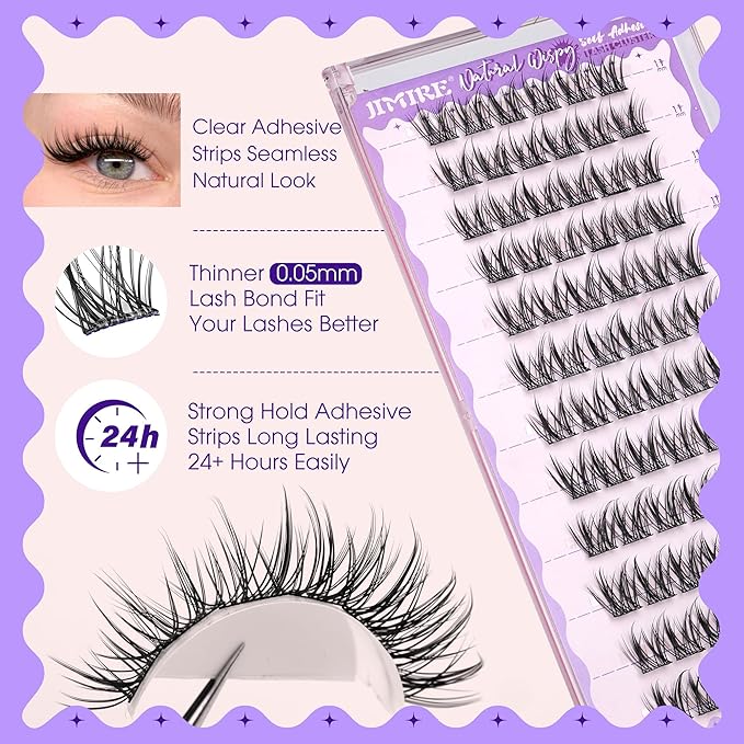 JIMIRE Self Adhesive Eyelashes Manga Lash Clusters Natural Look 11-13MM Wispy Pre Glued Lashes Clusters No Glue Needed Press on Lashes Reusable Invisible Band Fluffy Cluster Eyelash Extensions