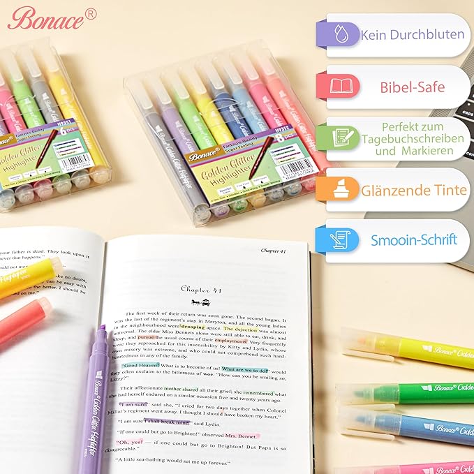 12Pcs Glitter Highlighters,Glitter Highlighter Markers,Highlighters Assorted Colors，No Bleed Chisel Tip, for Journal Planner, Bible Highlighter, Notebook （Golden Glitter）