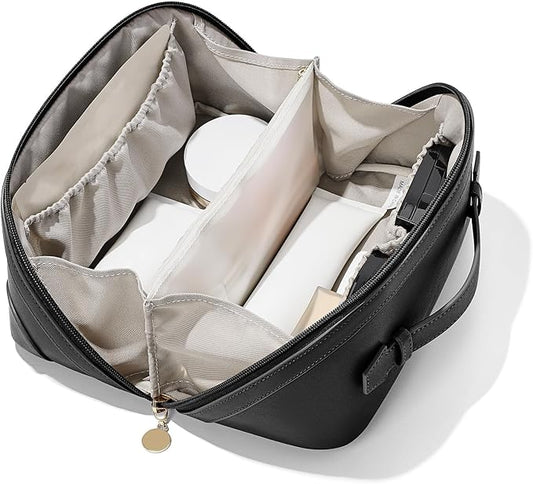 mibasies Flat Lay Open Travel Makeup Bag, Dual-Zipper Diagonal Cosmetic Bag, Large Capacity Waterproof Toiletry Bag for Women