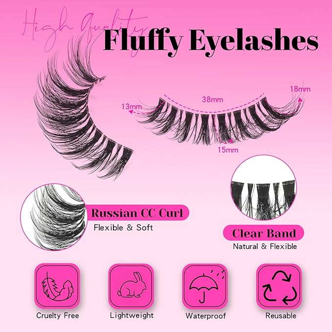Veleasha Lashes Fluffy False Eyelashes with Clear Band Long Eyelashes Looks Like Lash Extensions CC Curl Soft Fake Lashes Strips Lashes 10 Pairs Pack (Bold Length)