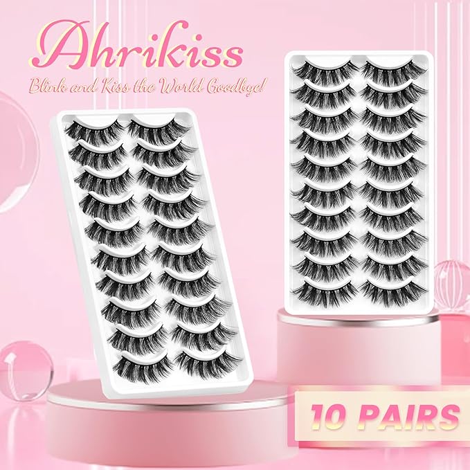 Ahrikiss Lashes Volume Faux Mink Eyelashes D Curl Fluffy False Lashes Russian Strip Lashes Lash Wispy 10 Pairs Cat Eye Lashes Pack(R2)