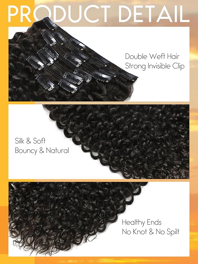 Caliee 3B 3C Jerry Curly Human Hair Clip in Extensions 12Inch Curly Clip in Hair Extensions Natural Black 1B Hair Extensions Clip Ins 120G 7Pcs with Clips