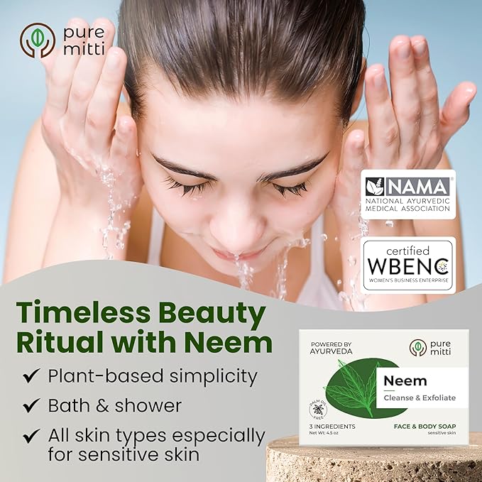 Neem Face, Body Bar Soap 4.5 oz | Ayurvedic Exfoliating, Cleansing Bar with Coconut Oil, Castor Oil | Gentle Bath Soaps for Face Wash, Body Wash | Soft Soap for Daily Use, All Skin Types