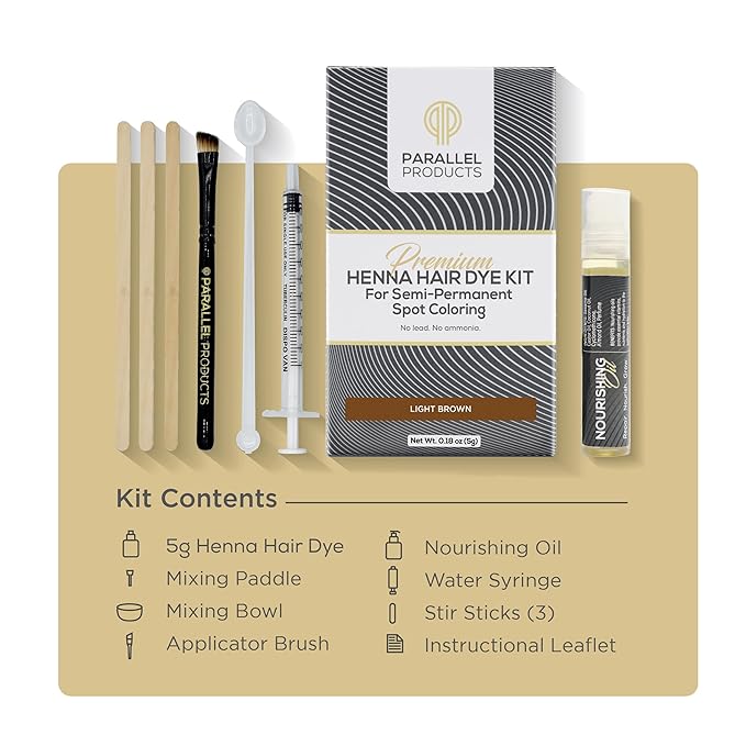Parallel Products Spot Color Henna Kit - Henna Hair Dye - 5 Grams - Tint for Professional Spot Coloring - with Nourishing Oil, Mixing Dish and Application Brush - Root Touch Up (Light Brown)
