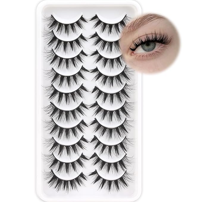Veleasha Manga Lashes Wispy Eyelashes 7-15MM C Curl Cat Eye Lashes with Soft Black Cotton Band Anime Spiky Eyelashes Crisscross False Eyelash 10 Pairs Pack (Spiky04)