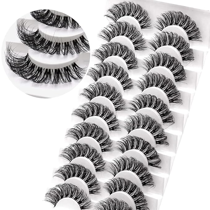 Veleasha Lashes Russian Strip Lashes Eyelashes with Clear Band Looks Like Eyelash Extensions D Curl Lash Strips 10 Pairs Pack (DT01)
