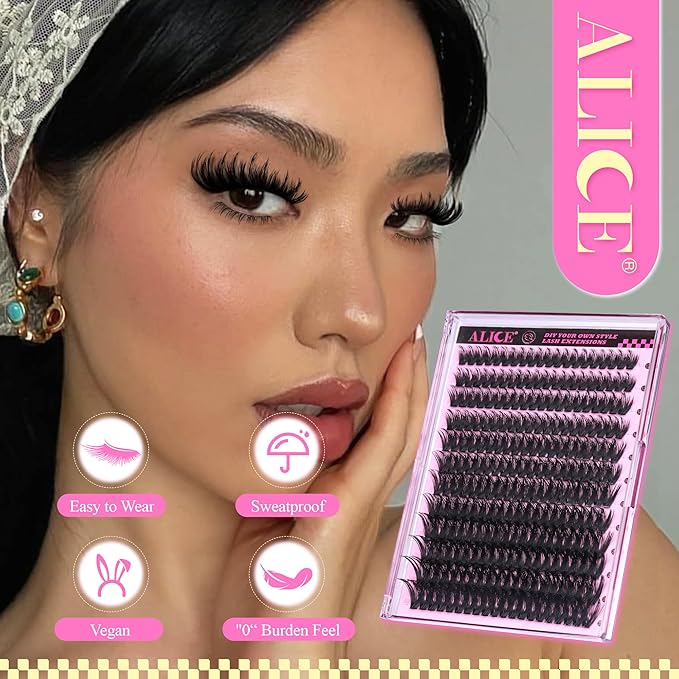 ALICE Lash Clusters with Spikes Thick Volume Cluster Eyelash Extensions Fluffier Eyelash Clusters Wispy Individual LashesThin Band Lash Extensions DIY at Home (240pcs/12-22mm/CC- Curly/100D)