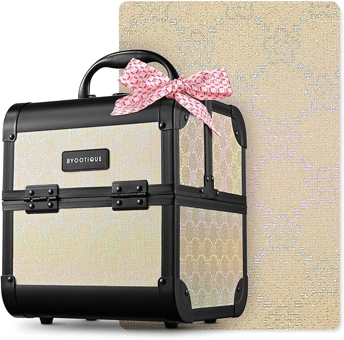 BYOOTIQUE Makeup Train Case with Mirror Small Cosmetic Bag for Travel 2-Tier Trays Jewelry Organizer Box Lash Storage for Nail Artist Manicurist Beauty Salon,Charm ForgetMeNot