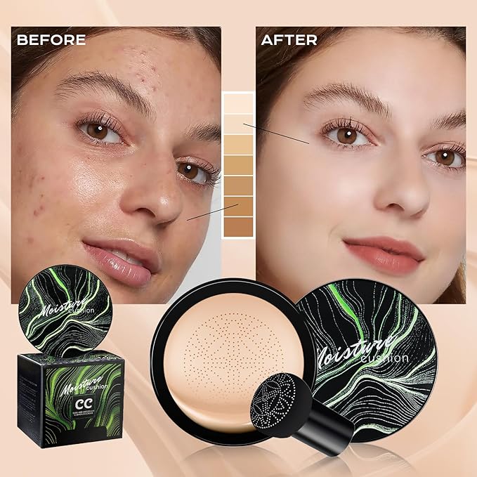 Mushroom Head Air Cushion CC Cream - BB Cream Foundation Makeup Moisturizing Concealer Long-Lasting, Cushion Foundation Full Coverage Self Adjusting for Mature Skin & All Skin Types (2 PCS Natural)