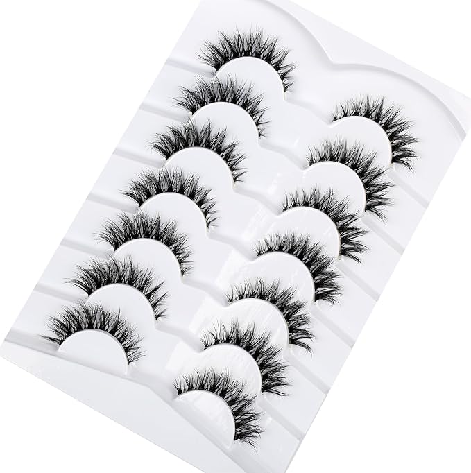 Pooplunch False Eyelashes Invisible Band Cat Eye Look Natural Wispy Lashes Extension Volume Short Fake Eyelashes Faux Mink Lash Strips 7 Pairs Pack