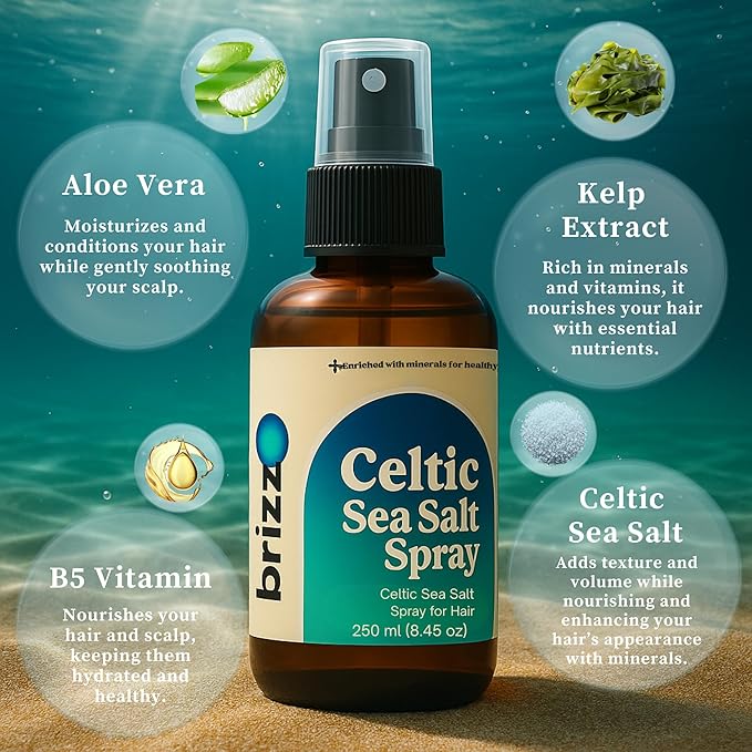 Celtic Sea Salt Hair Spray. Instant & Natural Beach Look, Volume & Texture, Celtic Sea Salt Spray with Kelp, Aloe Vera, and Hair-Strengthening Minerals. (8.45 fl oz)
