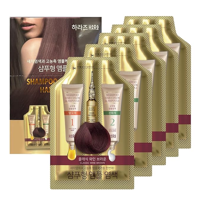Instant Permanent Hair Color Dye Shampoo Ampoule - Paraben-Free, 5-Minute Easy and Fast Coloring, Gray Cover Hair Dye with Keratin & Collagen, Made in Korea (Wine Brown)