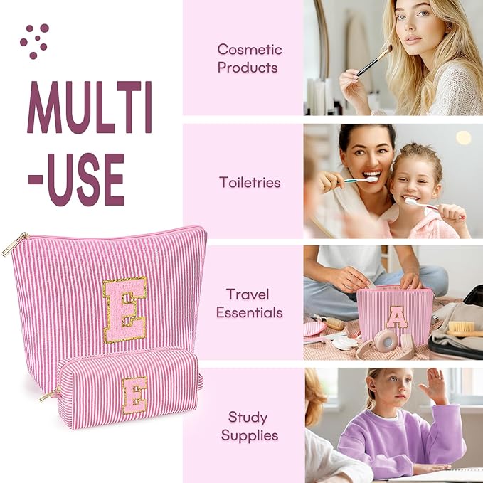 mibasies 2 PCS Initial Makeup Bags for Women: - Birthday Gifts for Teen Girls 11 12 13 14 15 16 Years Old - Preppy Trendy Stuff - Cosmetic Bag for Travel Toiletry - Pink E