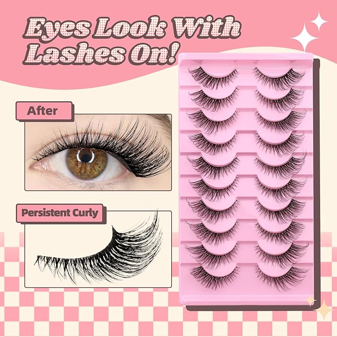 Natural Cat Eye Lashes Wispy False Eyelashes Thin Cotton Band Soft Mink Lashes Natural Eye Lashes Pack 10 Pairs by FADVAN-BY003