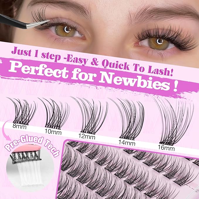 Yawamica Self Adhesive Lash Clusters Natural Press on Lashes Reusable Eyelash Clusters No Glue Needed 8-16mm Self Adhesive Eyelashes C Curl Individual Lashes DIY Lash Extension with Easy Application