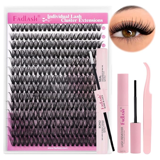FADLASH DIY Lash Extension Kit Individual Lashes Clusters Lash Bond and Seal, Clusters Lash Glue Remover and Eyelash Tweezers for Eyelash Extensions (40D-0.07D, 12-18mm, Kit)