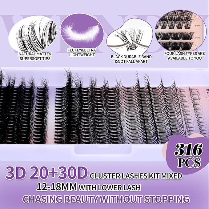 Lash Clusters Kit With Bottom Lashes 20/30D 3D Curl DIY Lash Extension Kit 12-18mm Multi-types Individual Lashes Bond and Seal, Spike, Volume Lashes Kit Lash Applicator(20/30 3DKit)