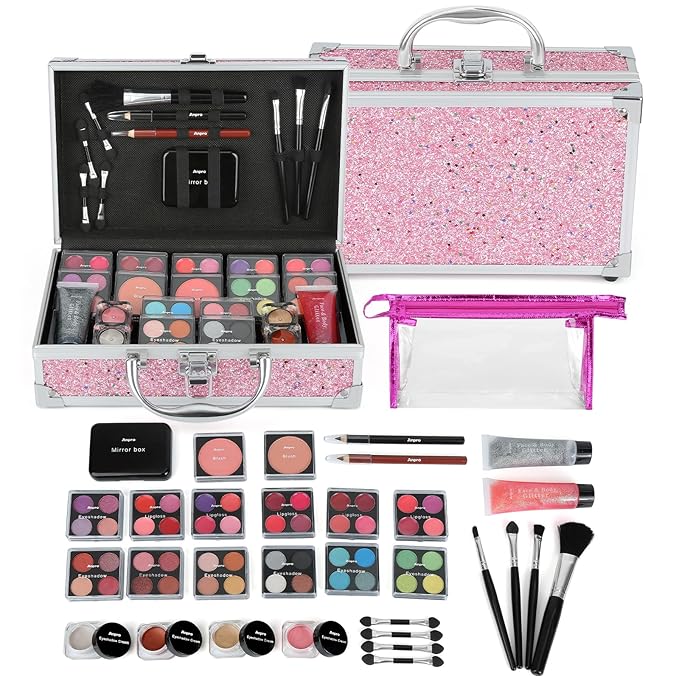 Anpro All-In-One Makeup Carry Case with Pro Teen Makeup Set, Full Starter Cosmetics Kit with Makeup Brushes, Lipsticks, Eye Shadows Palette, Blushes, Glitter Gel-Pink