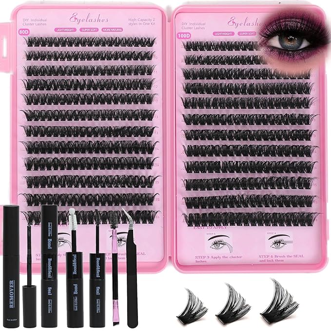Lash Clusters Kit, Eyelash Clusters Individual Lash Extension Kit 480 Pcs D Curl Fluffy Wispy False Eyelashes Extensions Thin Band with Bond Seal Tweezers Brush Removers (80D+100D KIT9-16mm)