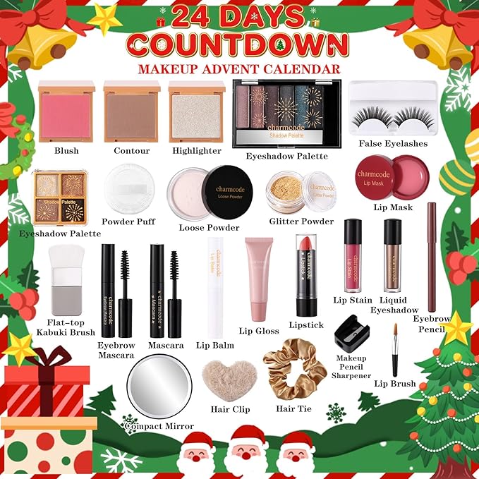 Makeup Advent Calendar 2025 – 24 Days Christmas Make Up Gift Set for Adlut Women & Teen Girls, CHARMCODE Xmas Cosmetic Countdown Calendar, Full Holiday Beauty Kits with Surprises