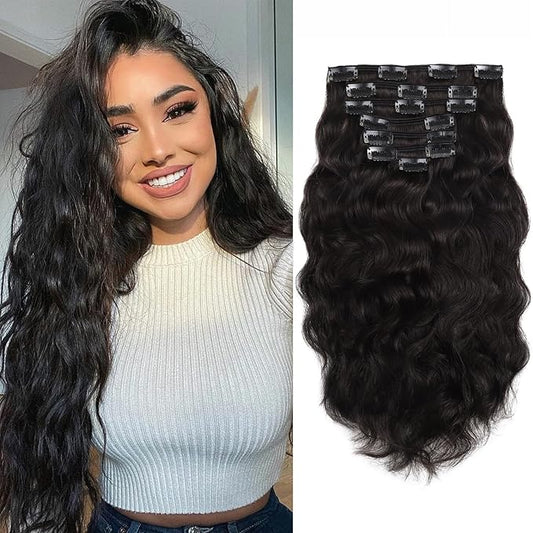 Caliee Natural Curly Wave Clip in Hair Extensions 18Inch Human Hair Thick End Wavy Curly Natural Black Color Double Weft 120Gram #1B Off Color Soft Hair 17Clips 7Pieces Per Pack