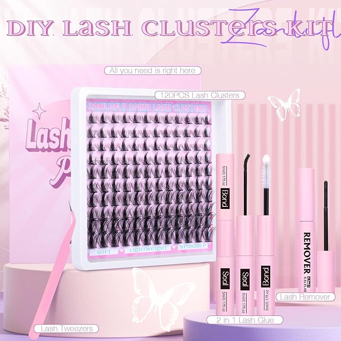 Lash Clusters Kit Spiky Eyelash Clusters Kit Wispy Cluster Eyelash Extensions Kit 8-16mm Manga Lash Extension Kit Natural Cluster Lashes with Lash Cluster Glue, Tweezers and Remover by zanlufly