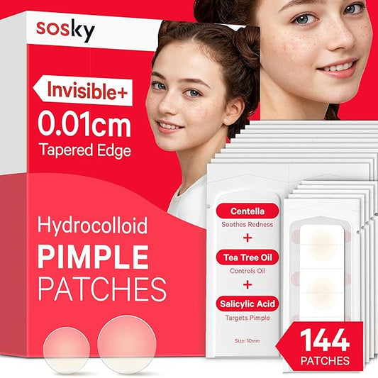 Sosky Pimple Patches for Face, FSA HSA Eligible Invisible Hydrocolloid Acne Patches, Zit Sticker for Face and Skin, Pimple Sticker for Covering Zits, Blemishes with Salicylic Acid 144 Count