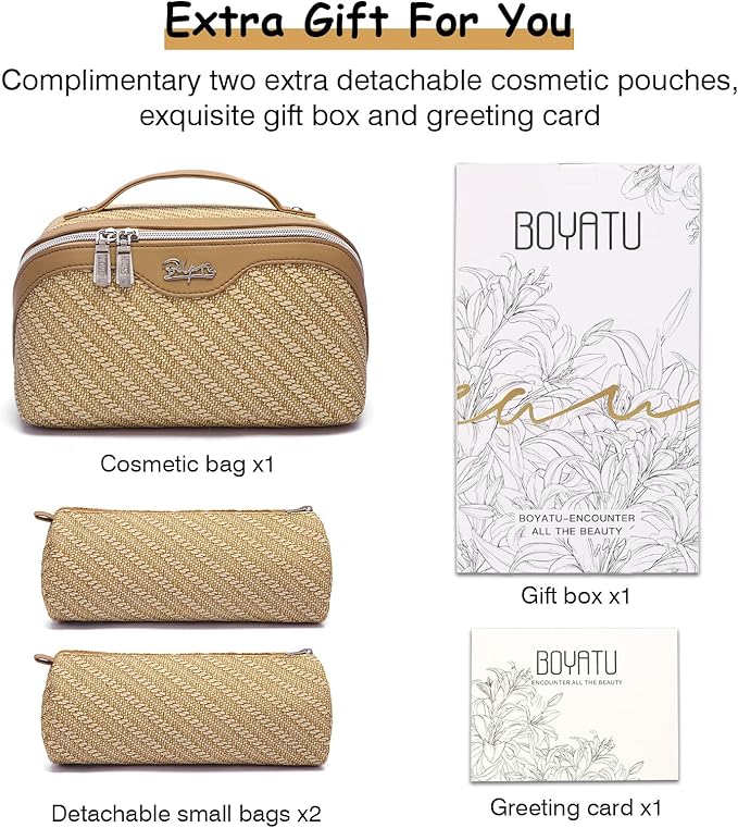 BOYATU Travel Makeup Bag Cosmetic Bags for Women: Large Capacity 3 Pcs Set Make up Bag with Compartments - Waterproof Vegan Leather Toiletry Organizer Bags with Handle (Z-Brown)