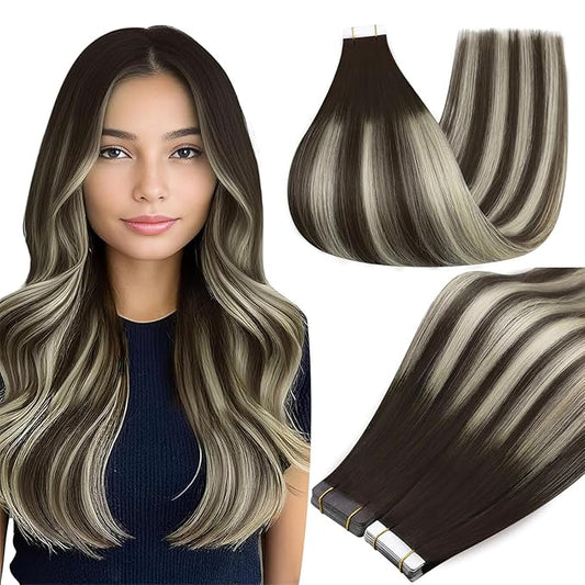Full Shine Hair Extensions Tape ins Color 2/60/2 Tape in Hair Extensions Real Human Hair 50G Glue in Extensions Seamless Tape ins Human Hair 18Inch Remy Invisible Human Hair 20Pcs for Women Add Length