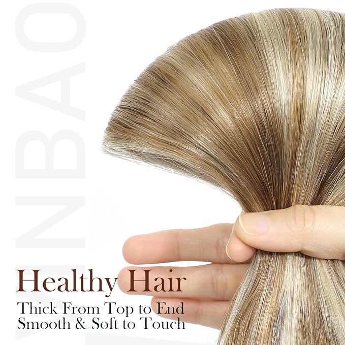 VINBAO Hair Extensions Clip in Human Hair Highlights Light Brown with Platinum Blonde Human Hair Highlighted Clip in Hair Extensions 140g 16inch 7pcs (#HC8P60,16'')