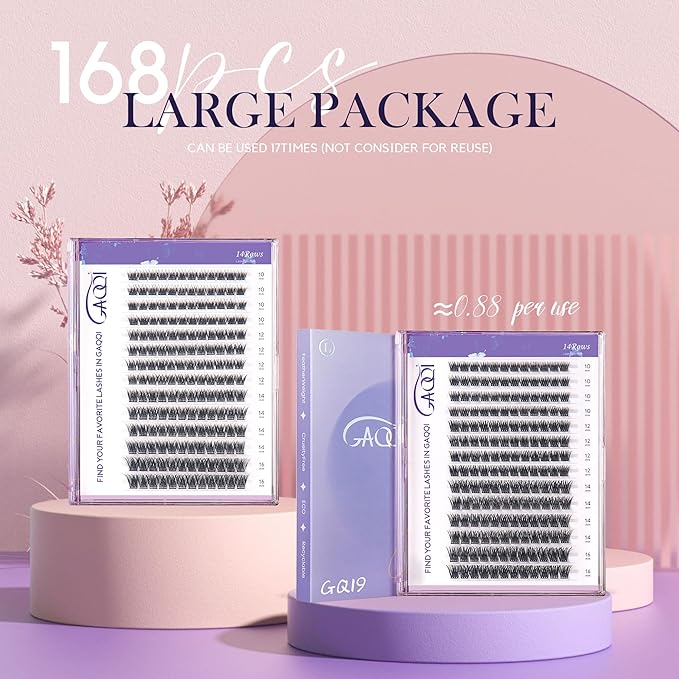 GAQQI Lash Clusters, GQ03 False Eyelashes DIY Lash Extensions C Curl 168PCS Cluster Lashes 12MM, Wispy and Natural Lash Wisps (GQ03,12mm,C Curl)