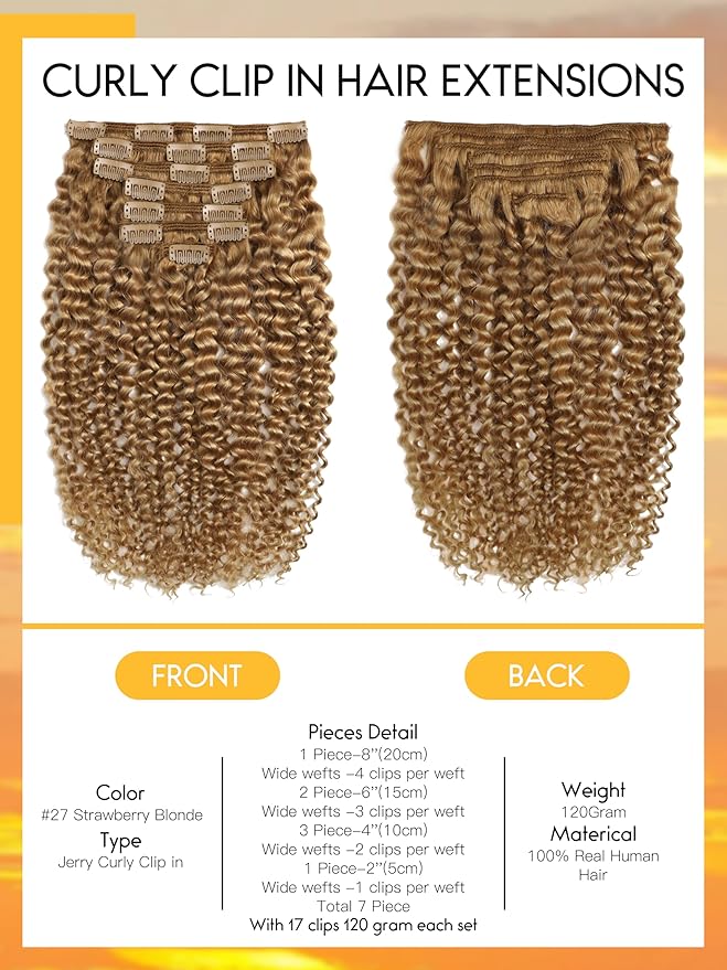 Caliee Jerry Curly Clip in Human Hair Extensions 22inch, Blonde Color Curly Clip in Hair Extensions Spiral Curly Clip in Extensions Real Remy Human Hair 7pcs #27