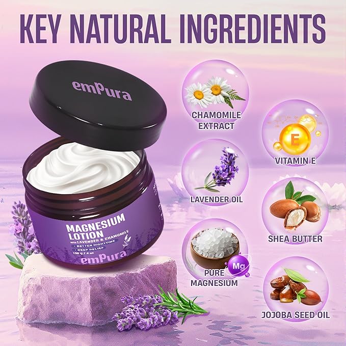 Lavender Magnesium Lotion, Nighttime Magnesium Cream with Chamomile, Shea Butter & Jojoba Oil - Muscle Relief & Relaxation for Legs, Arms, Feet - Christmas Gifts for Women (4oz)