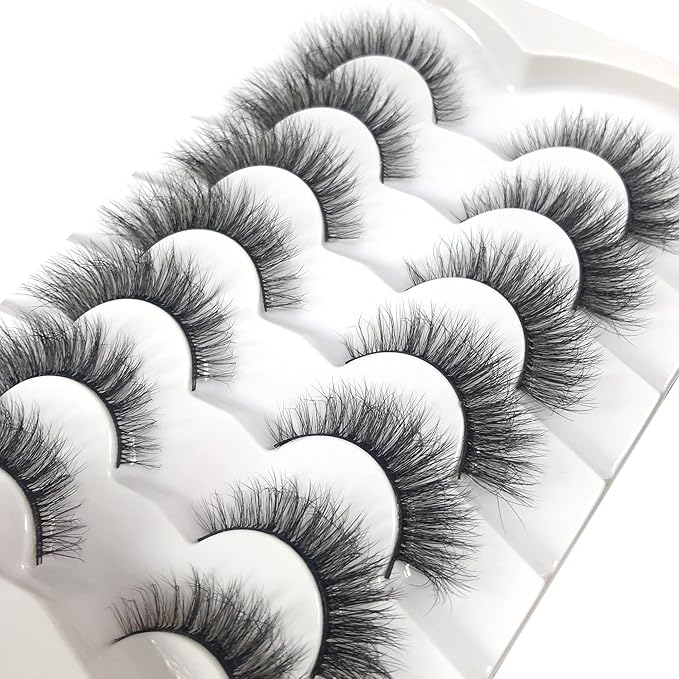 Pooplunch False Eyelashes Natural Cat Eye Look Wispy Volume Faux Mink Lashes 7 Pairs Pack 8D Soft Curly Fluttery Short Fake Eyelash Strips for Daily Use