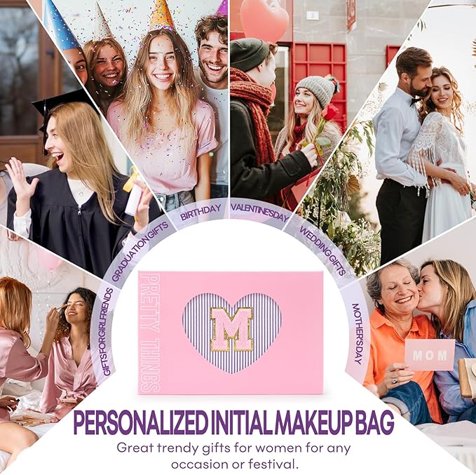 mibasies 2 PCS Initial Makeup Bags for Women: - Birthday Gifts for Teen Girls 11 12 13 14 15 16 Years Old - Preppy Trendy Stuff - Cosmetic Bag for Travel Toiletry - Purple M