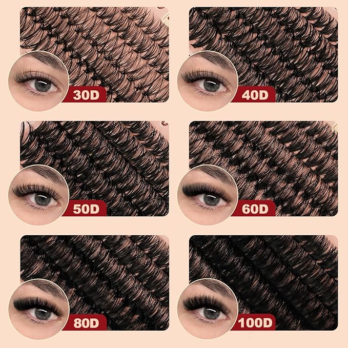 Higu clace Lash Clusters 600pcs 30D+40D+50D+60D+80D+100D Eyelash Clusters 6 Styles Mixed 10-18MM, Wispy Cluster Eyelash Extensions, Easy to Use, Can DIY at Home