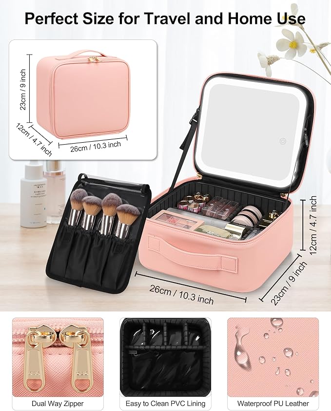 Chomeiu Makeup Bag with LED Mirror, Cute Cosmetic Bags Birthday Gifts for Girls Women, Makeup Train Case Artists Organizer Large Make Up Bags with Light Up Mirror 3 Color Lights, Pink 2
