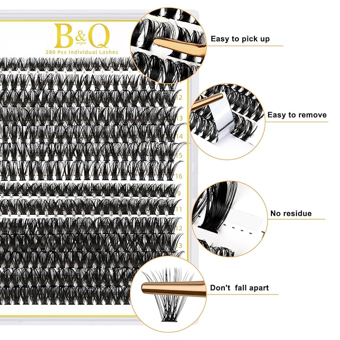B&Q Lash Clusters 280PCS Natural Eyelash Clusters, 40D 50D D 9-16 Individual Lash Wispy Eyelash Extension with Soft Thin Band, Classic Look Pestañas Postizas Comfortable DIY at Home(40D+50D-D-9-16MIX)