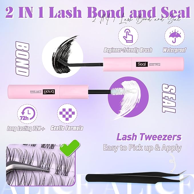 ALICE Natural Lash Extension Kit Lash Clusters Kit Wispy Cluster Eyelash Extension Kit with 135pcs Clear Band C-Curly 10-14mm Eyelash Clusters Lash Glue Bond and Seal