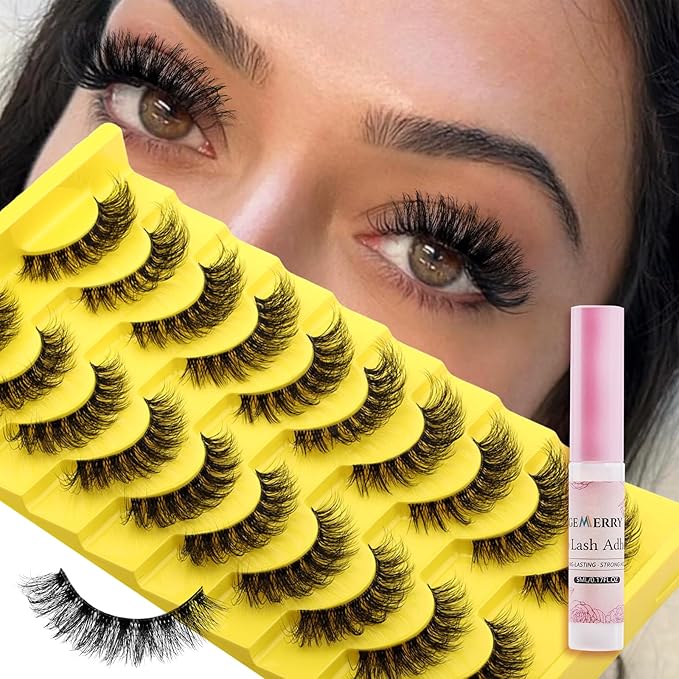 Strip Lashes Kit Mink False Lashes With Strip Lash Glue Mink Wispy 10 Pairs False Eyelashes Magnetic Lashes Kit by GEMERRY, A05