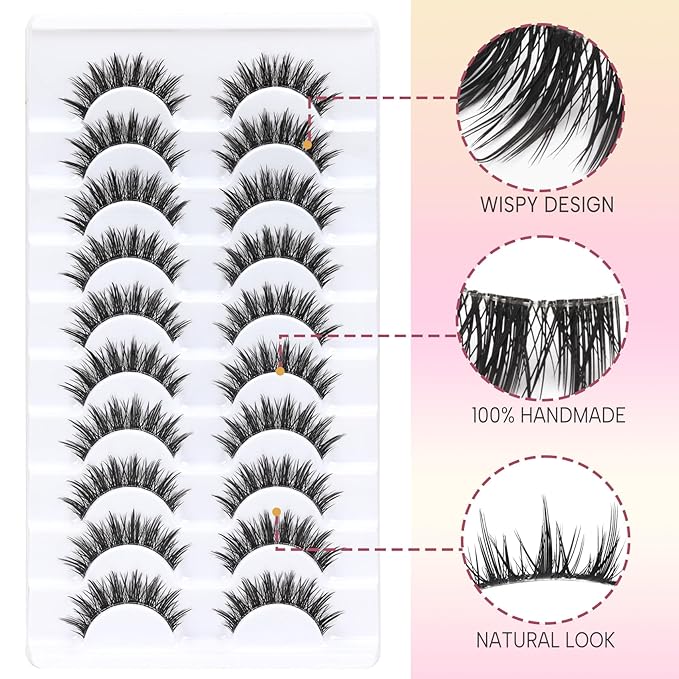 Ahrikiss Manga Lashes Spiky False Eyelashes C Curl Fake Lashes Natural Look 10 Pairs Anime Fake Eyelashes with Clear Band Wispy Faux Mink Lashes Look Like Individual Lashes (Anime)