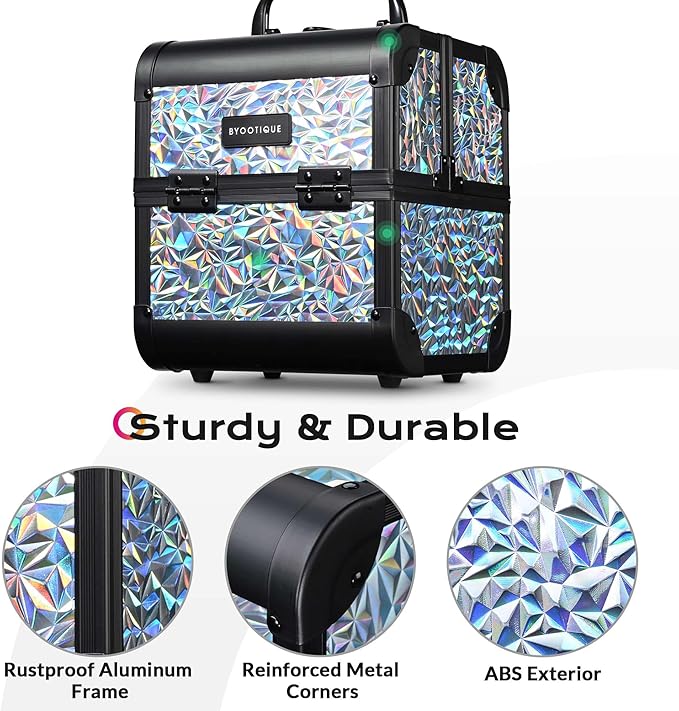 BYOOTIQUE Professional Makeup Train Case with Mirror 2-Tier Trays Nail Box Organizer Case Jewelry Storage box for Nail Tech Beauty Salon Barbershop Traveling,Mermaid Silver