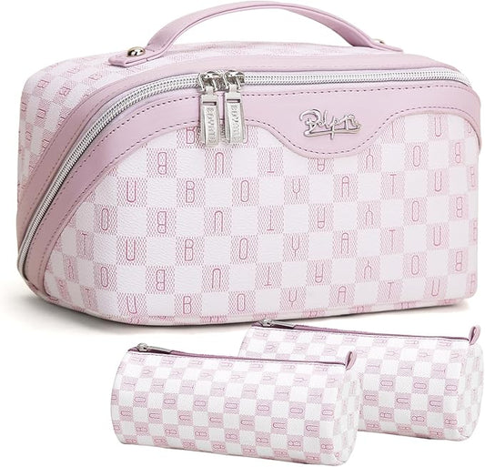 BOYATU Travel Makeup Bag Cosmetic Bags for Women: 3 Pcs Set Portable Make up Bag with Handle - Vegan Leather Toiletry Bags with Compartments - Makeup Organizer for Travel Essentials(C-5-Purple)