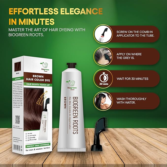 Ammonia-Free & Paraben Free Herbal Hair Dye for Women & Men– Natural Gray Coverage with Organic Extracts – Nourishing Brown Hair Dye for Healthy Hair – Brown (150 ml)