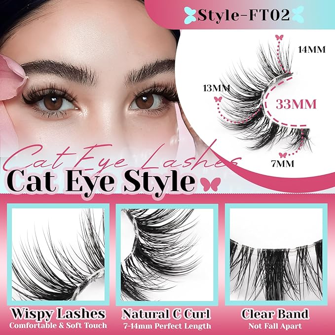 Losha Lashes Natural Cat Eye Lashes 10 Pairs Wispy False Eyelashes with Clear Band 7-14mm Faux Mink Lashes C Curl Lash Strips with Multi-layered Design (FT02)