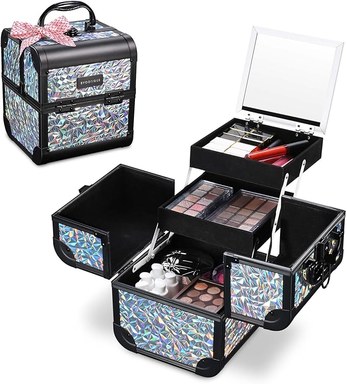 BYOOTIQUE Professional Makeup Train Case with Mirror 2-Tier Trays Nail Box Organizer Case Jewelry Storage box for Nail Tech Beauty Salon Barbershop Traveling,Mermaid Silver