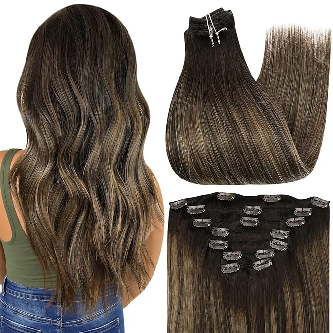 Full Shine Light Brown Clip in Hair Extensions 16 Inch Dark Brown Balayage Clip in Hair Extensions Real Human Hair 7 Pcs 120 G
