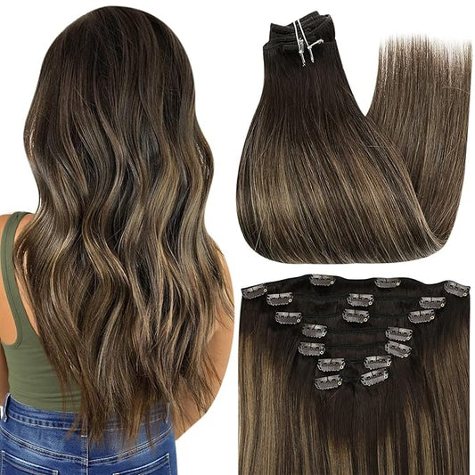 Full Shine Clip in Hair Extensions Human Hair Balayage Clip in Extensions Dark Brown to Chestnut Brown Double Weft Human Hair Extensions for Women 14 Inch 7 Pcs 120 G