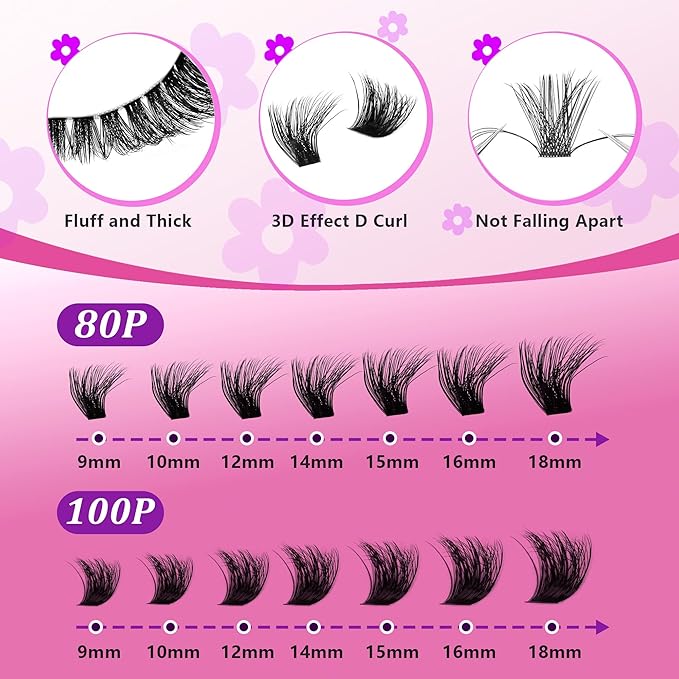 Lash Extension Kit - 280 Pcs 60D+80D Thick Wispy Clusters (9-18MM) with D & C Curl for Home Makeup