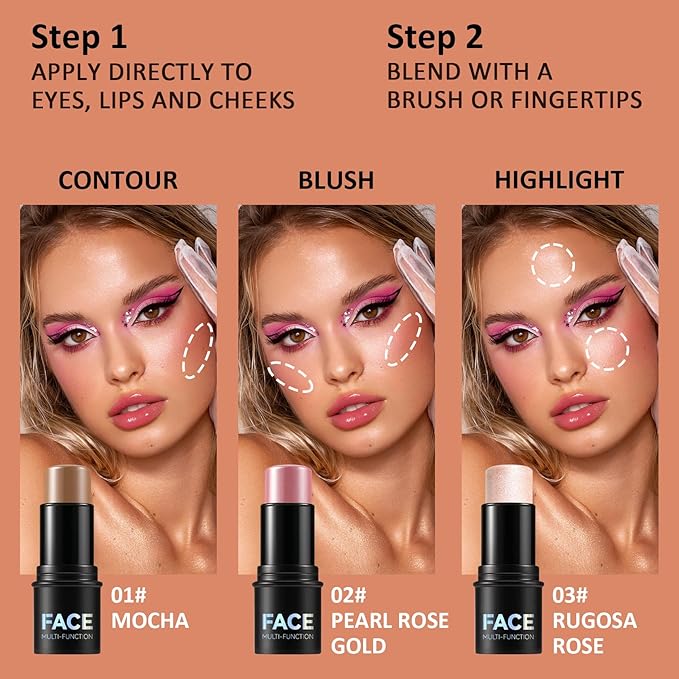 3PCS Cream Contour Stick Kit,Matte Waterproof Blush Highlighter Bronzer Contour Stick with Brush,Non-greasy Creamy Travel Size Contouring Stick Makeup Set for Face,Suitable for All Skin Types